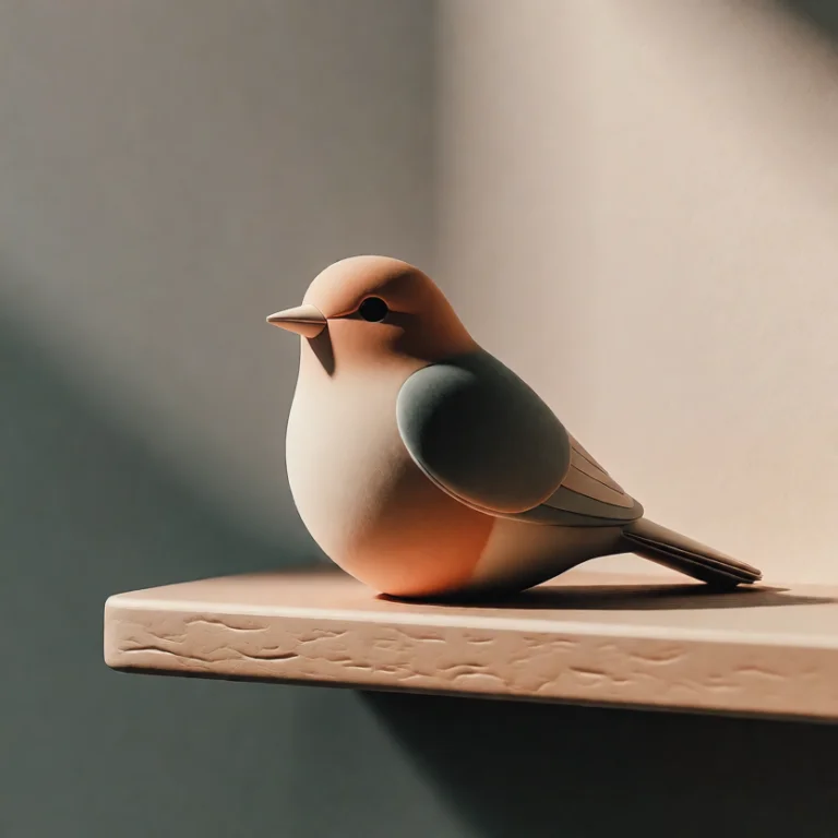 A Smooth Ceramic Bird Sits Atop A Flat Wooden Shelf In An Em...