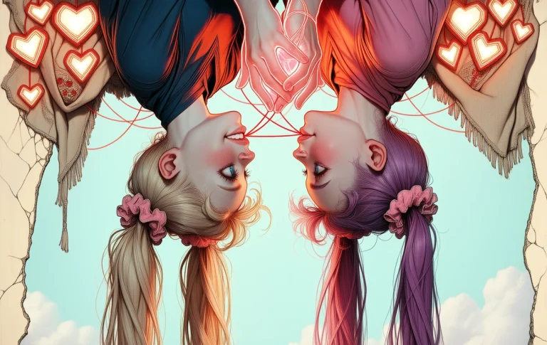 Masterpiece, Two Girls Stand Inverted On A Cracked Pastel Sk...