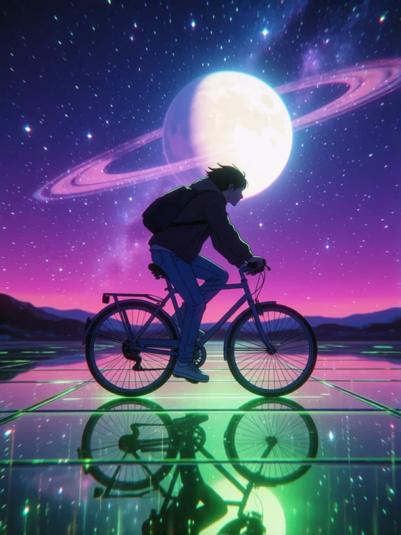 Digital Artwork Of A Person Riding A Bicycle At Night On A R...
