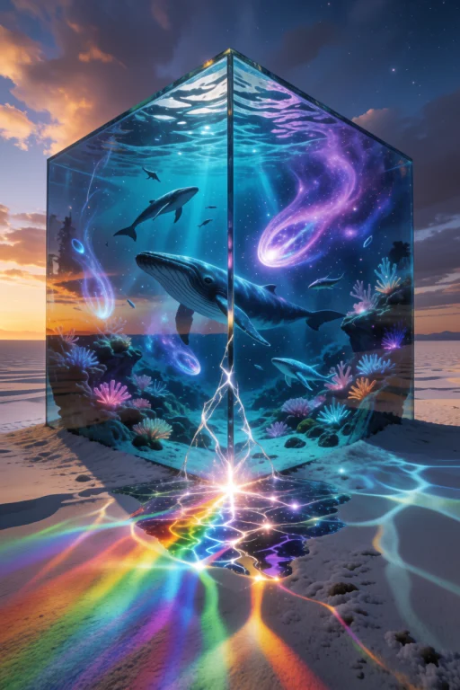 A Colossal Glass Cube Resting Vertically In An Endless White...