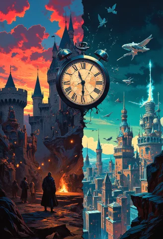 A Surreal Split-screen Of Two Realities, One Side A Medieval... — FLUX AI Prompt: A surreal split-screen of two realities, one side a medieval kingdom with stone...
