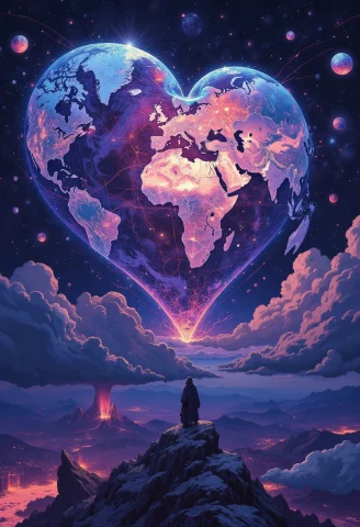 View Of The World From The Universe, The World Is Shaped Lik... — FLUX AI Prompt: View of the world from the universe, ((the world is shaped like a heart)), (ultr...