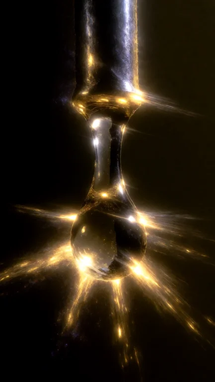 A Single Drop Of Liquid Hangs From A Metal Rod, Radiating Go...