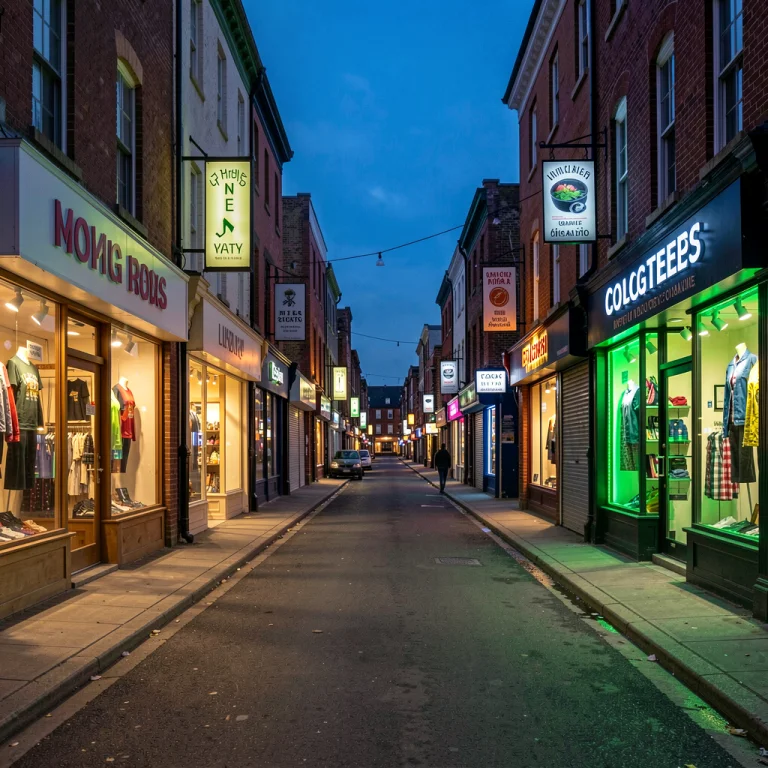 A Quiet Street Of Shops Closing At Dusk, Bioluminescent Glow...