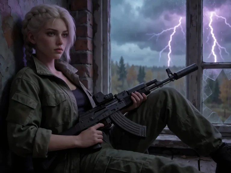 Blonde Woman In Military Gear Holding Rifle Sitting By Broke...