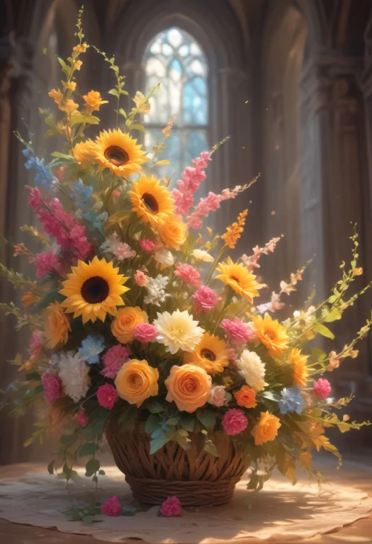 Vibrant Floral Arrangement In Wicker Basket, Bright Yellow S...
