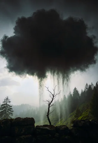 A Dark And Mysterious Black Cloud Drifting Above A Mysteriou... — Stable Diffusion AI Prompt: A dark And mysterious black cloud drifting above a mysterious forest in the back...