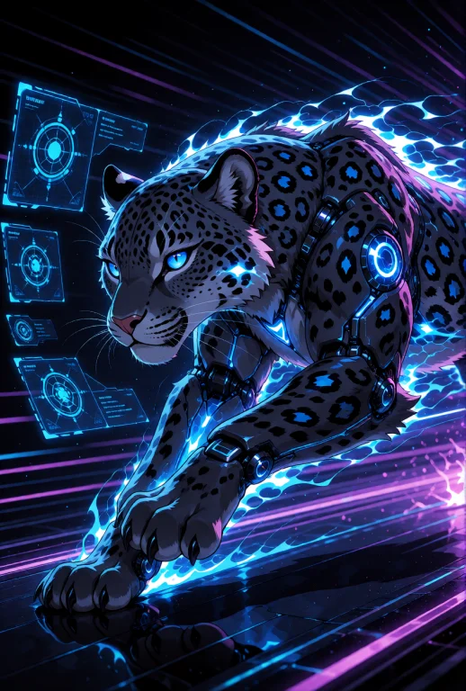 A Sleek, Cybernetic Leopard Leaping Forward With Intense Spe...