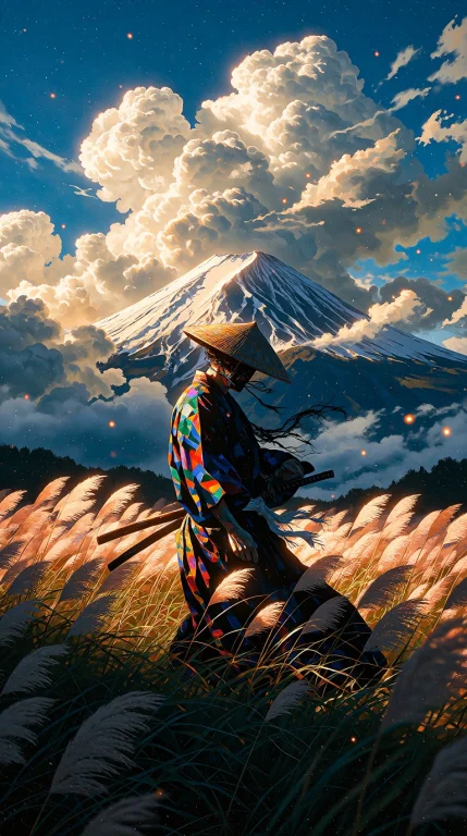 A Striking, Serene Portrait Of A Lone Samurai Wearing A Trad...