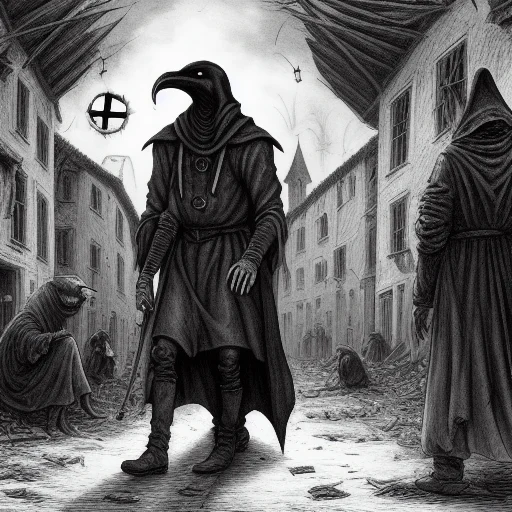 Depict A Medieval Plague Doctor Walking Through A Village Ra...