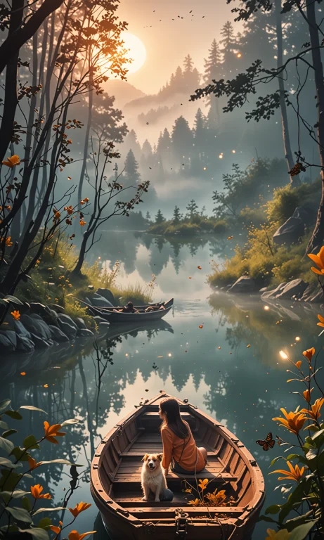 From The Cave You Can See A Smooth Lake, A Girl And A Dog Ar...