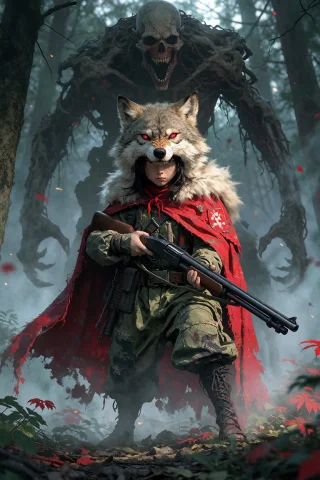 A Lone Antihero Little Red Riding Hood Wering A Red Wolf Pel... — Stable Diffusion AI Prompt: A lone antihero Little Red Riding Hood wering a red wolf pelt hood and cloak, ho...