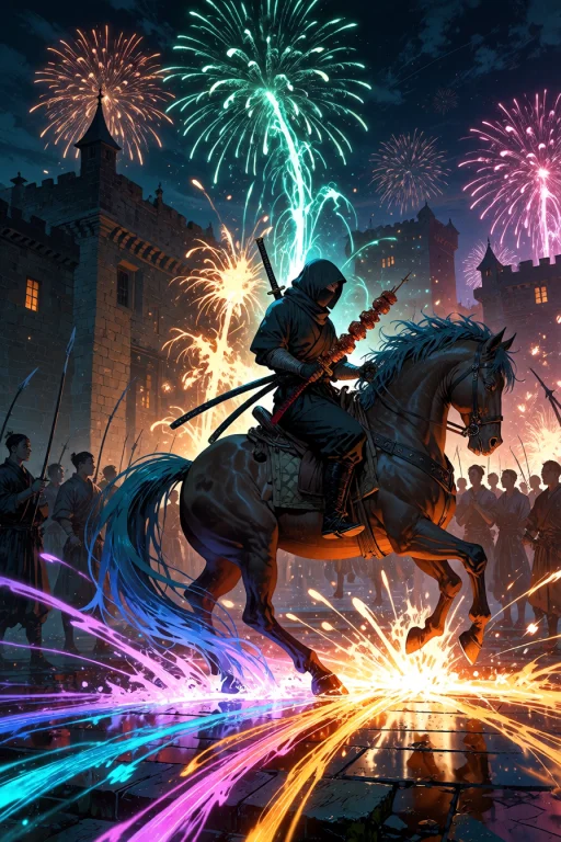 , Ninja Riding A Horse Through A Fireworks-lit Castle Courty...