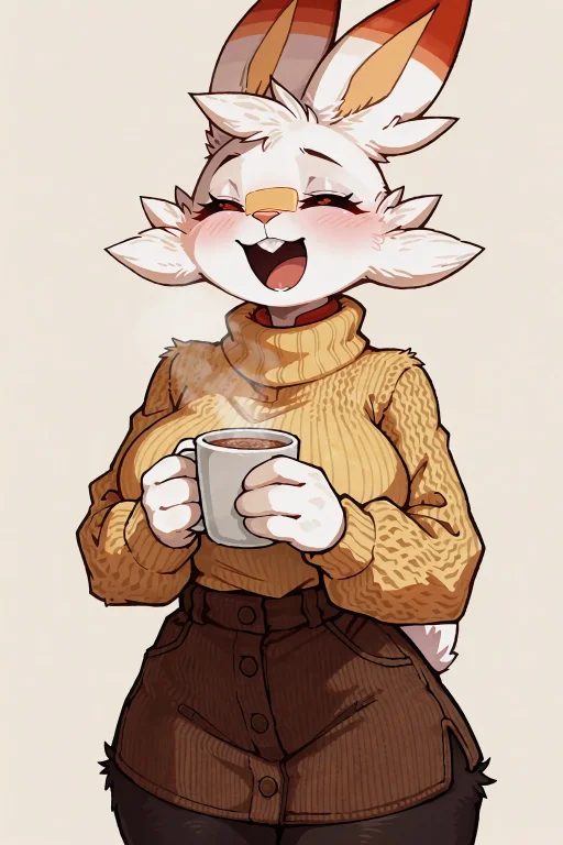 A Cheerful Anthro Furry Scorbunny, Dressed In A Cozy Mustard...