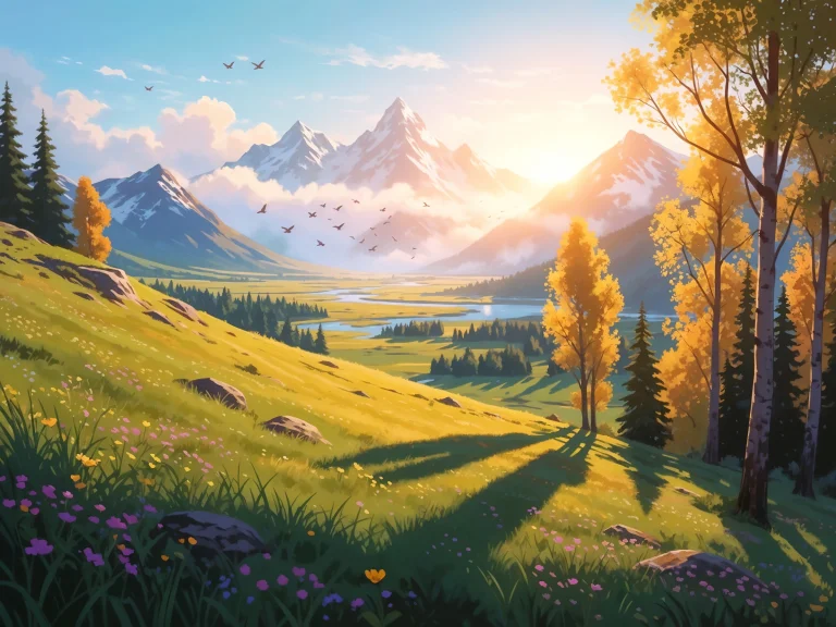 Mountain Valley With River Autumn Trees Birds Flying Sunrise...