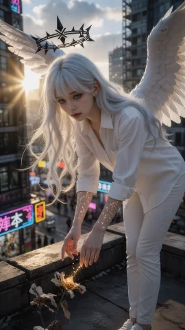 天使恶魔,银发及腰的半天使恶魔少女伫立于霓虹闪烁的未来都市天... — Stable Diffusion AI Prompt: 天使恶魔,银发及腰的半天使恶魔少女伫立于霓虹闪烁的未来都市天台边缘，她拥有《电锯...