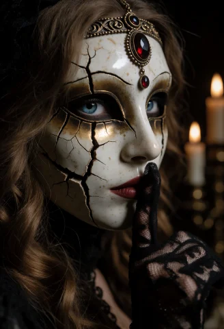 A Close-up Photograph Of A Woman Wearing A Porcelain Mask. H... — Stable Diffusion AI Prompt: A close-up photograph of a woman wearing a porcelain mask. Her head is turned sl...