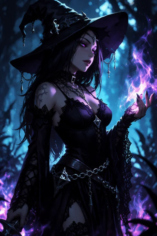This Is A Digital Artwork Of A Coven Witch With Long Dark Ha...