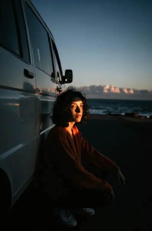 A Curly-haired Person In An Orange Cardigan Crouches Beside...