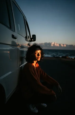 A Curly-haired Person In An Orange Cardigan Crouches Beside... — Stable Diffusion AI Prompt: A curly-haired person in an orange cardigan crouches beside a white van on a dus...