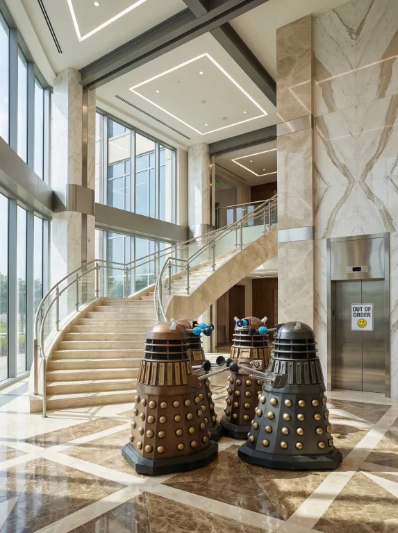 A Group Of Four Daleks From Doctor Who Positioned At The Bot...