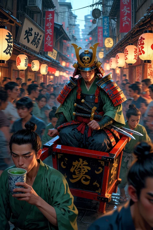 , Samurai Riding A Palanquin Carried By Runners Through A Bu...