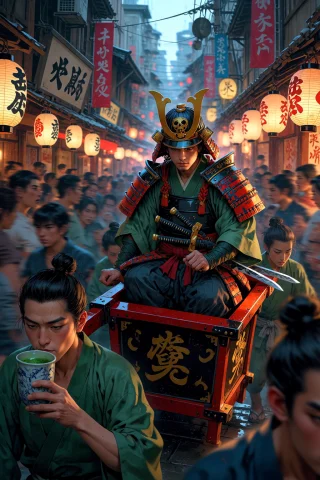 Stable Diffusion Samurai Prompt — Stable Diffusion AI Prompt: , Samurai riding a palanquin carried by runners through a busy Edo street crowd...