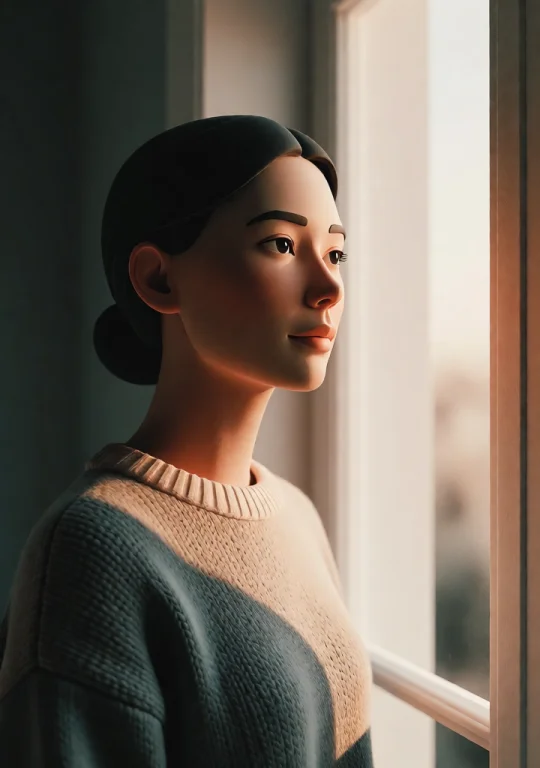 A Woman In A Knit Sweater Standing Beside A Tall Window, Her...