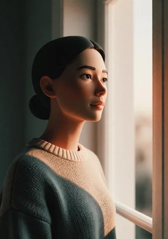 A Woman In A Knit Sweater Standing Beside A Tall Window, Her... — Stable Diffusion AI Prompt: a woman in a knit sweater standing beside a tall window, her head turned toward...