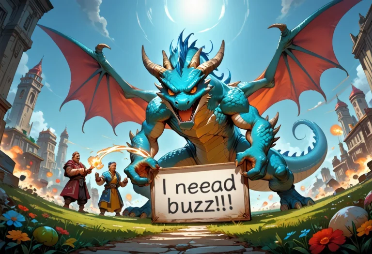 Epic Battle With Dragon Holding A Sign With The Text Buzz Me...