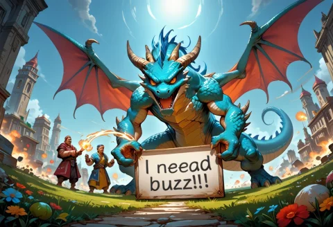 Epic Battle With Dragon Holding A Sign With The Text Buzz Me... — Stable Diffusion AI Prompt: epic battle with dragon holding a sign with the text "buzz me" extreme long shot...