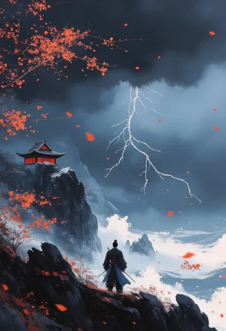 8k Resolution, A Dramatic Japanese Ink Wash Painting Depicts... — FLUX AI Prompt: (8k resolution, A dramatic Japanese ink wash painting depicts a lone samurai war...