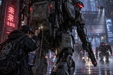 A Rookie Cyberpunk Street Dude In A Neon-drenched Alley, Plu... — Stable Diffusion AI Prompt: A rookie cyberpunk street dude in a neon-drenched alley, plugging a dusty, spark...
