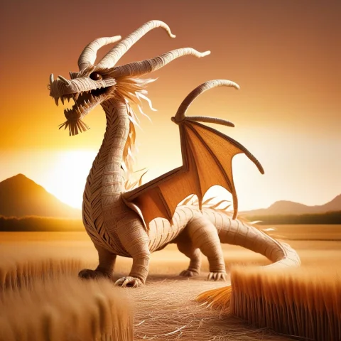 A Majestic Dragon Entirely Woven From Bound Golden Straw, In... — SDXL AI Prompt: a majestic dragon entirely woven from bound golden straw, intricate straw thread...