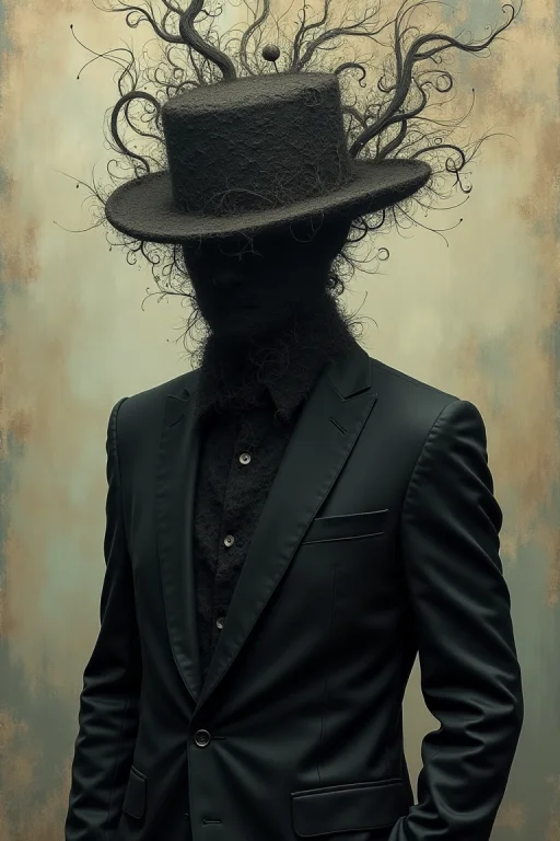 A Figure Draped In A Dark Suit, Wearing A Hat That Seems To...