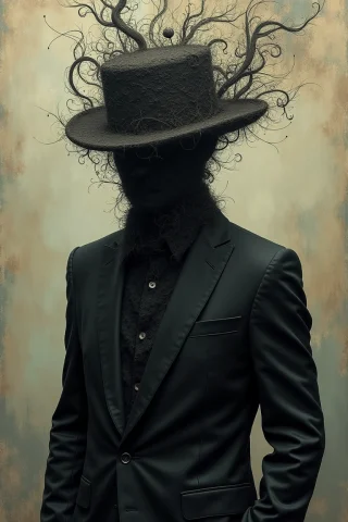 A Figure Draped In A Dark Suit, Wearing A Hat That Seems To... — FLUX AI Prompt: A figure draped in a dark suit, wearing a hat that seems to be disintegrating or...