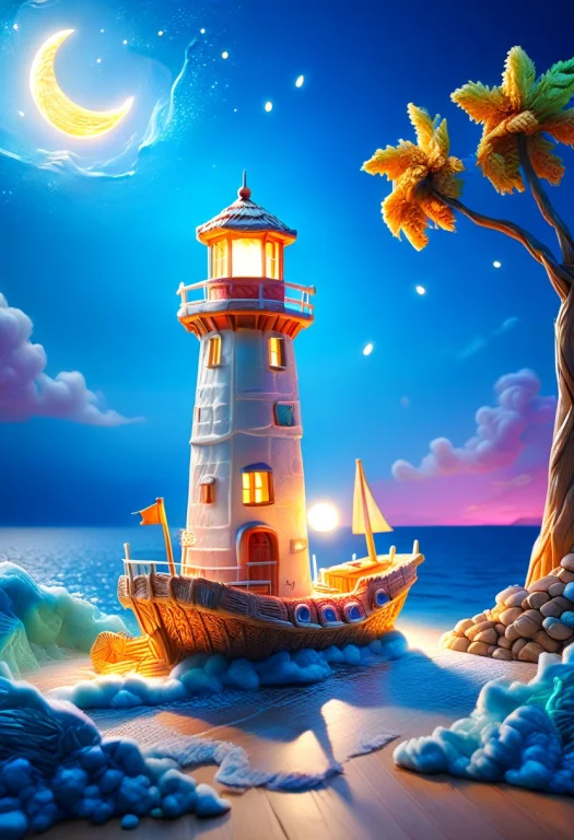 Straw1.5, Boat Make Of Straw, Lighthouse Make Of Straw, Sea,...