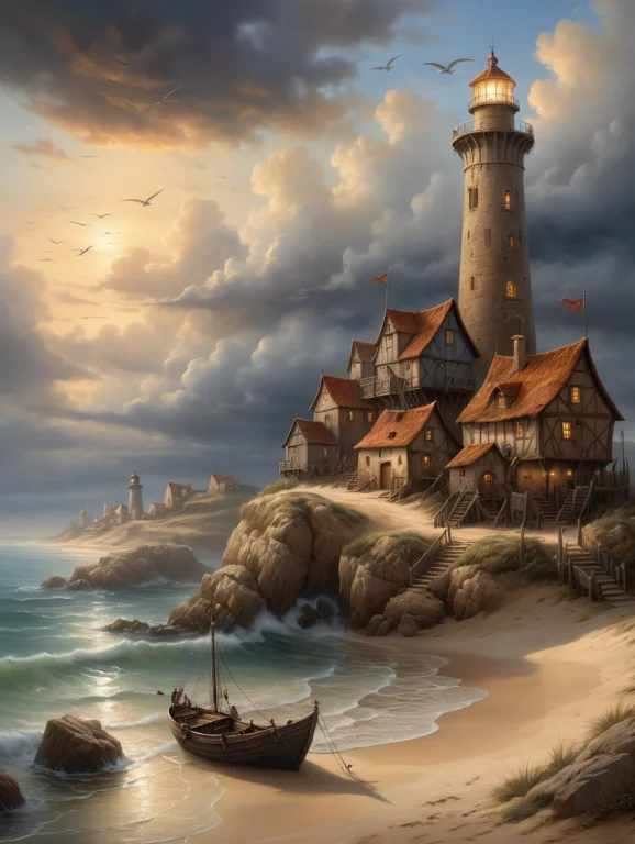 Oil Painting ,a Dreamy Medieval Fishing Village On The Coast...