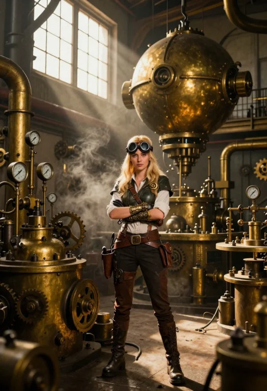 A Confident Steampunk Mechanic Stands Inside A Vast Industri...