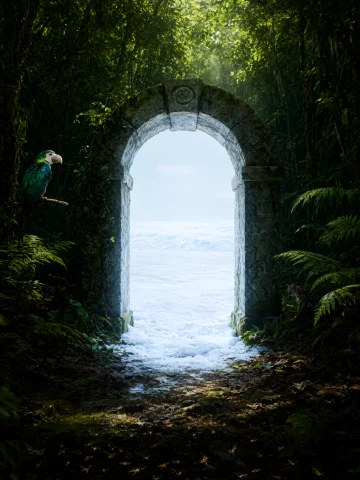 Cinematic Stone Arch in Snow — Stable Diffusion AI Prompt: The image is a vertical cinematic photorealistic scene of a weathered stone arch...