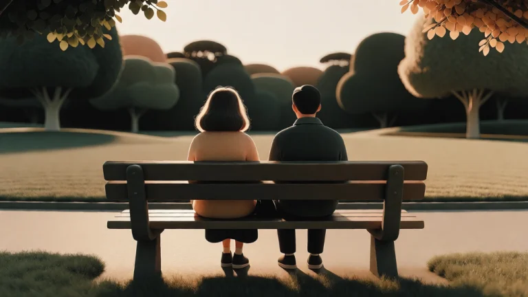 Two People Sitting On A Wide Bench In An Empty Park, Late Af...