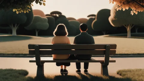 Two People Sitting On A Wide Bench In An Empty Park, Late Af... — Stable Diffusion AI Prompt: two people sitting on a wide bench in an empty park, late afternoon sun from beh...