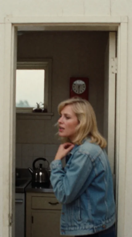 A Blonde Woman In A Faded Denim Jacket Sits On The Edge Of A...