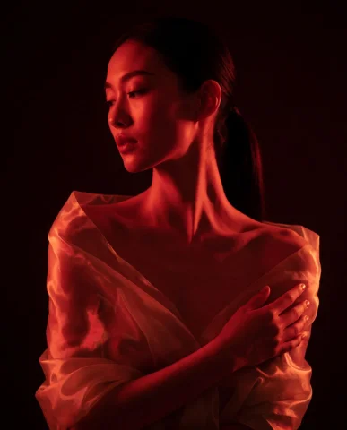 A Graceful Slim Woman With Ponytail, Only Transparent Silk S... — Stable Diffusion AI Prompt: A graceful slim woman with ponytail, only transparent silk shawl on shoulders gi...