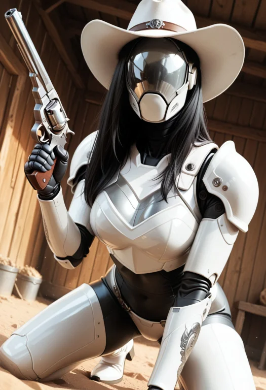 1girl, White Cowboy Hat, White Mouth Mask, White Armor, Face...