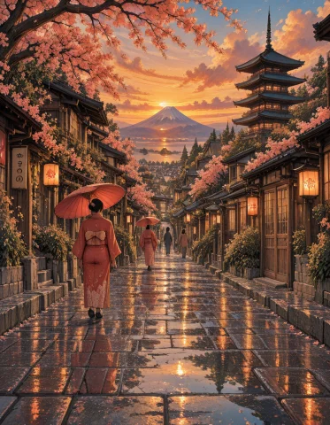 Anime Traditional Japanese Sunset — Stable Diffusion AI Prompt: z1os, anime illustration of a traditional Japanese street after rain at sunset,...