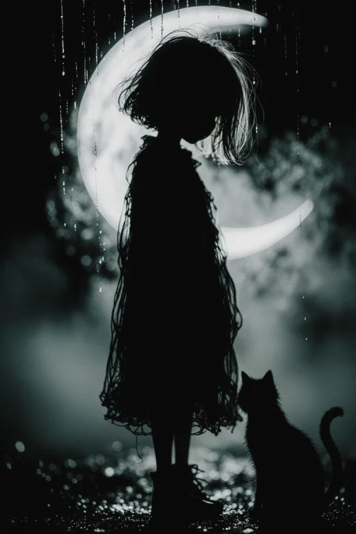 A Dark And Eerie Scene With A Crescent Moon In The Backgroun...