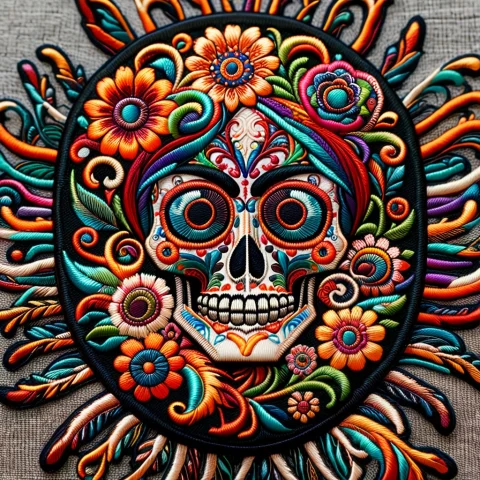 Ral-embroideredpatch, A Colorful Stylized Da De Los Muertos... — SDXL AI Prompt: ral-embroideredpatch, A colorful stylized Día de los Muertos character shown fro...