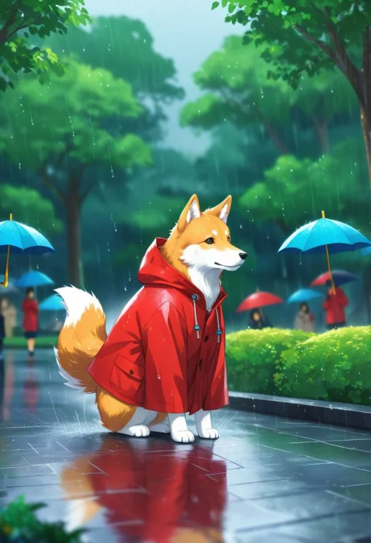 Animal, Hachiko In A Red Raincoat, Raining, Park, Digital St...