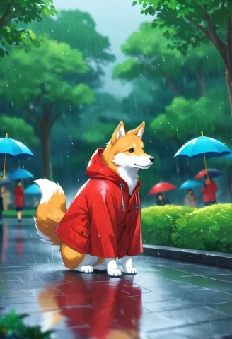 Animal, Hachiko In A Red Raincoat, Raining, Park, Digital St... — SDXL AI Prompt: animal, Hachiko in a red raincoat, raining, park, digital storybook illustration...